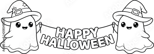 Two cute ghosts wearing witch hats holding a happy halloween banner