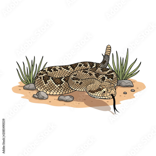 Venomous Rattlesnake Coiled in Arid Desert Habitat with Sand Dunes and Cactus Vector Illustration