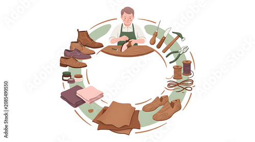 Konstfotografi Circular illustration of shoemaker and leather crafting tools.