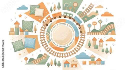 Colorful Circular Illustration of Urban and Nature Elements.