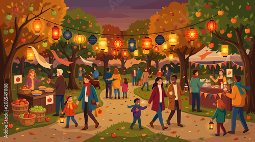 Autumn festival with lanterns and happy families.