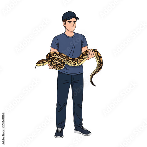 Professional snake handler holding a large Burmese python, exotic reptile expert vector illustration