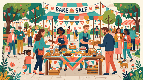 Community bake sale event with colorful decorations and treats.