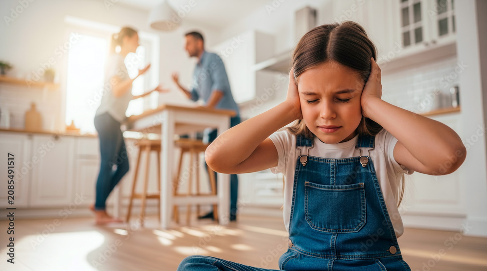 Obraz premium Child covers ears while parents argue in the background of a bright kitchen