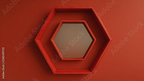 Hexagonal Shebeke Wood Mirror Reflecting Red Void on Solid Red Background