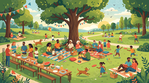 Photography Family picnic in a sunny park with children playing 2.