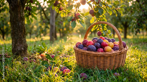 Basket of ripe plums sits in a sun-drenched orchard during harvest season