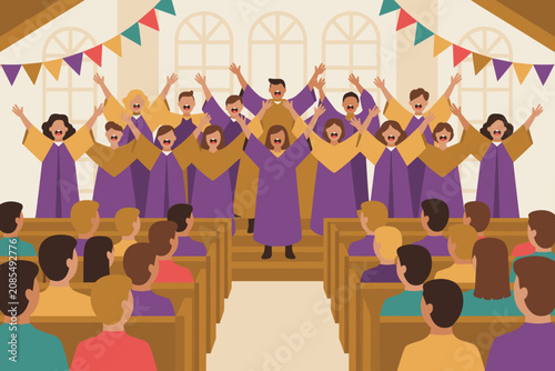 Quadro su tela Choir singing in a church with audience sitting in pews, flat vector illustratio