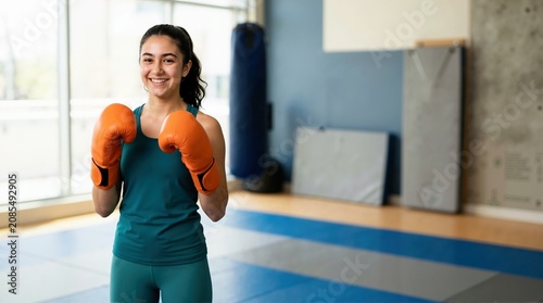 Smiling teenage girl wearing orange boxing gloves in a gym. Happy young female athlete ready for kickboxing workout. Youth fitness and martial arts training concept
