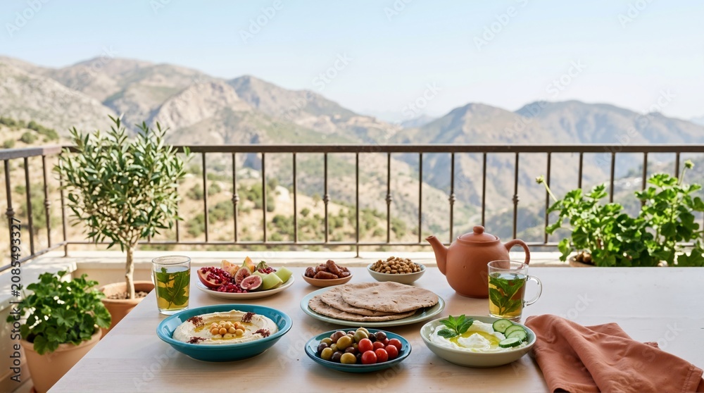 Fototapeta premium Healthy Mediterranean breakfast on sunny balcony with mountain view. Table set with hummus, pita bread, fresh fruit and mint tea. Wellness lifestyle