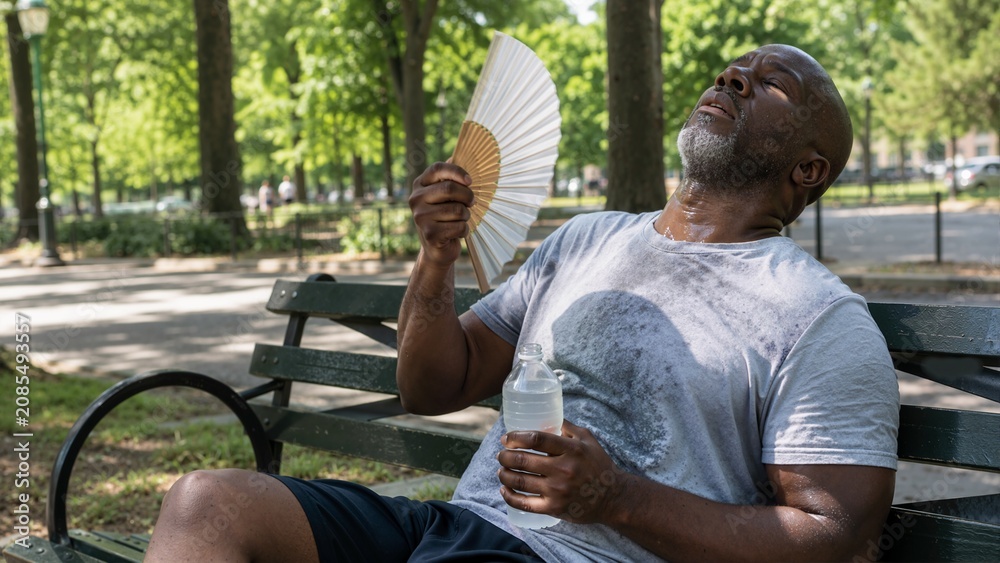 Fototapeta premium Exhausted senior Black man cooling down with a hand fan on a park bench. Sweaty mature male suffering from heatwave in summer. Dehydration and extreme heat concept