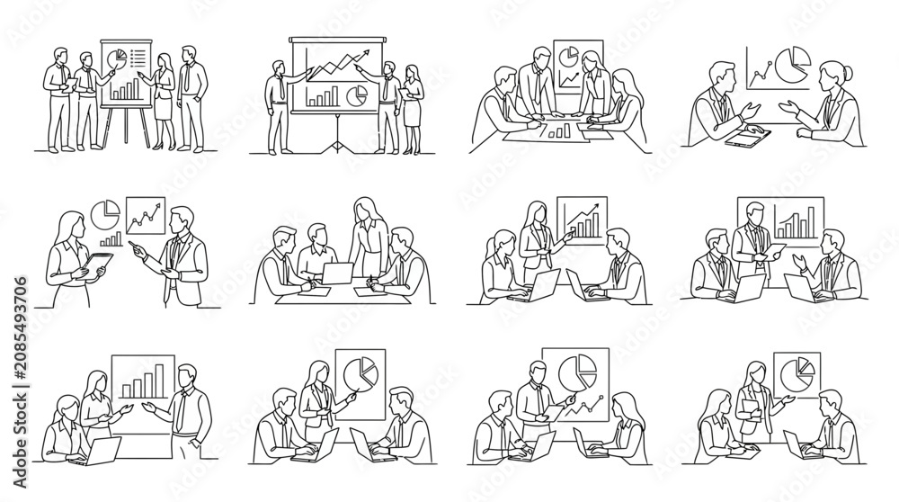 Obraz premium Business meeting line art illustrations of professional office presentations