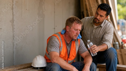 Construction worker suffering from heat exhaustion receiving water from a colleague. Tired builder resting on a construction site during hot weather