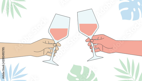 Hands holding glasses of wine for a toast against a background with tropical leaves to celebrate social gatherings and holiday cheers.