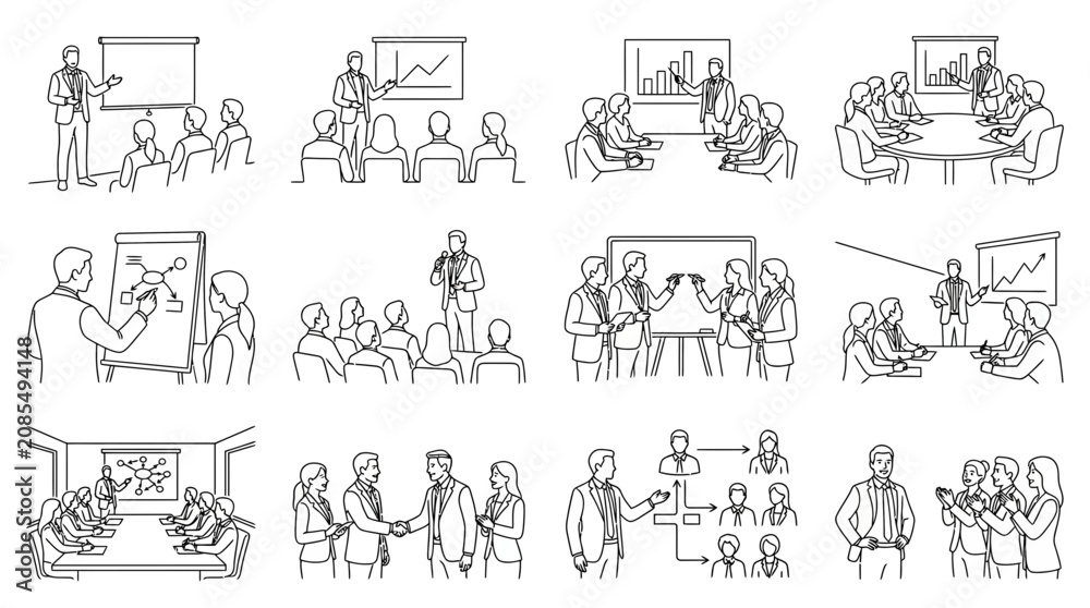 Obraz premium Corporate Business Presentation and Teamwork Meeting Line Art Set