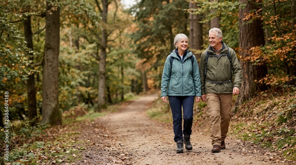 Fototapeta premium Happy senior couple hiking on a trail in the autumn forest. Active elderly man and woman walking together in nature. Healthy retirement lifestyle concept