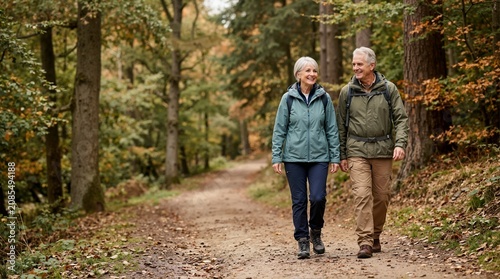 Happy senior couple hiking on a trail in the autumn forest. Active elderly man and woman walking together in nature. Healthy retirement lifestyle concept
