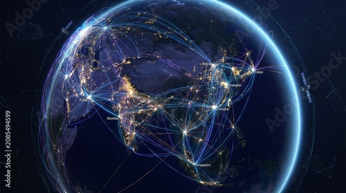 Global Connectivity Showing Asia Map with Digital Network and Data Paths
