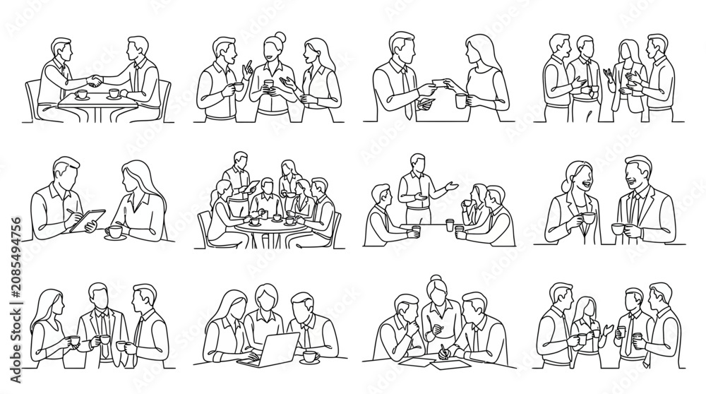 Obraz premium Minimalist line art collection of business professionals networking and collaborating