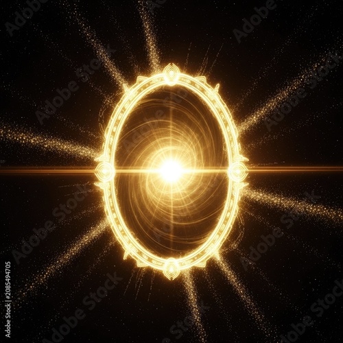 Glowing golden portal with sparkling light rays and cosmic stardust in deep space