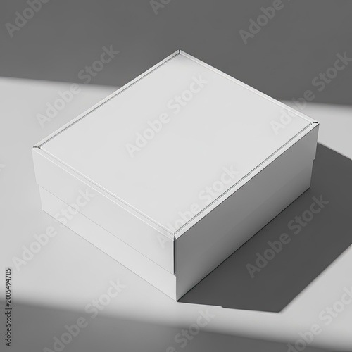 Blank White Rectangular Cardboard Packaging Box Mockup with Sharp Geometric Shadows for Branding and Product Design Presentation