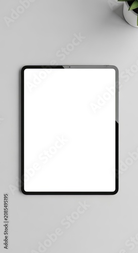 Minimal digital tablet mockup with blank white screen on gray desktop for professional app and website presentation
