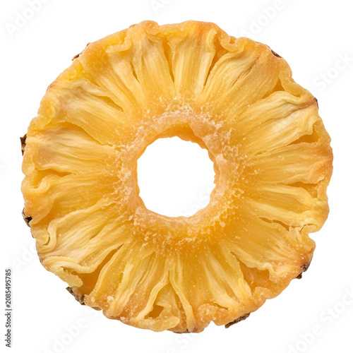 Single dried pineapple ring isolated on a white background