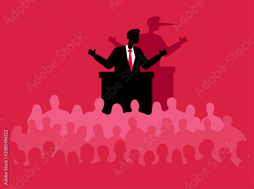 Foto Illustration of a leader speaking before a large crowd, with their shadow reveal