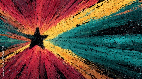 Abstract Starburst of Red, Yellow, and Teal Splattered Paint