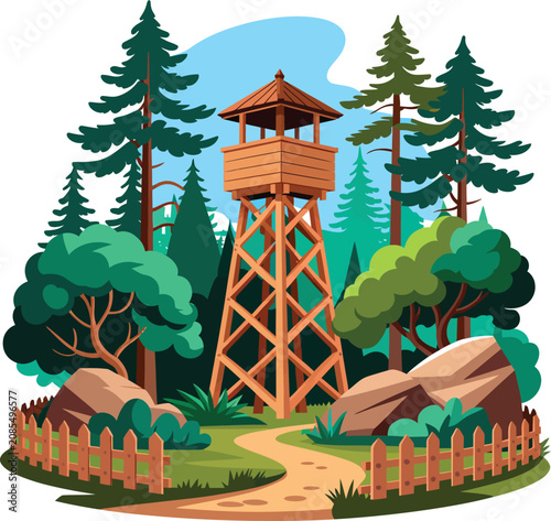 Wooden Fire Lookout Tower, Forest Landscape, Surveillance Station, Woodland Scene
