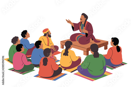 Obraz na płótnie A storyteller sitting on a wooden platform and telling a story to a group of peo