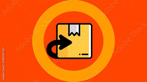 Flat icon of a floppy disk with arrow, data storage symbol, yellow and orange colors, business technology concept