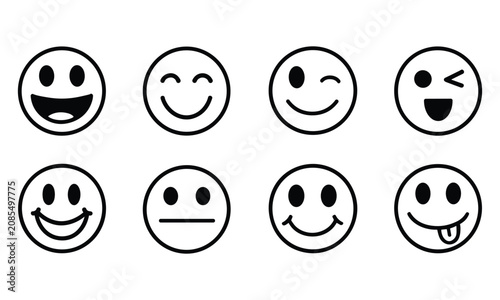 Принти на полотні Minimalist set of black and white emoji icons depicting various happy emotions under flat lighting on a white background