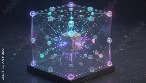 Abstract glowing blockchain network with connected digital nodes