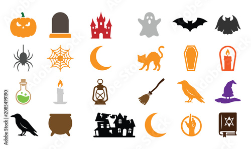 Halloween coloring icon set spooky symbols for kids and adults