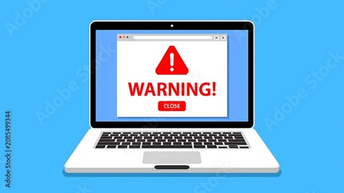 Warning sign on laptop screen, cybersecurity alert, computer error message, security threat