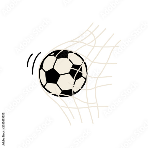 Vector illustration of a soccer ball flying into the goal, in doodle style. Used to symbolize a goal scored, victory, everything related to sports and football