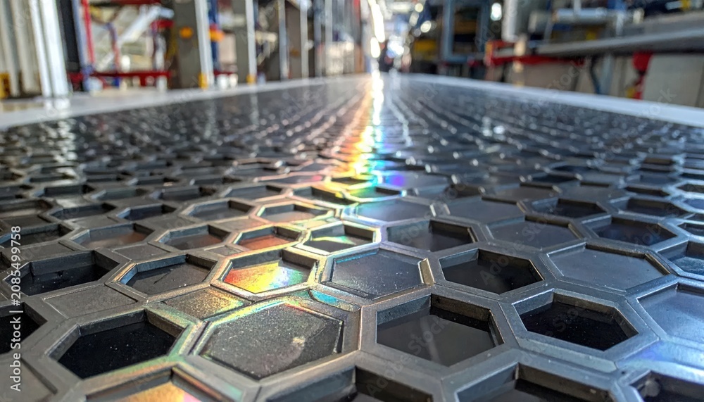 Naklejka premium Hexagonal Metal Grid with Rainbow Reflection - Industrial Design.