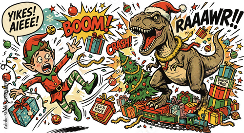 Fotografie Funny retro comic vector illustration with angry Christmas dinosaur destroying t