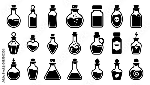 Collection of magic potion bottles and chemical flasks in a flat black and white vector style