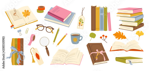 Book collection in flat vector style with open and closed books, bookmarks, stationery and autumn leaves. Reading and education objects isolated on white background.