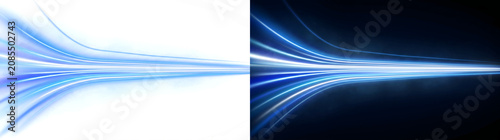 Foto Light Streaks blue glowing curved speed lines converging to a bright vanishing p