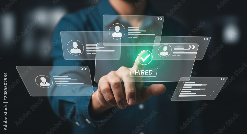 Fototapeta premium Human resources recruitment technology, HR manager selecting candidate profile on virtual screen, hiring process and talent acquisition concept