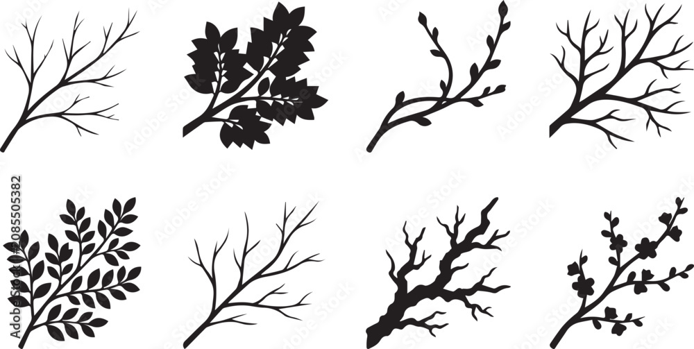 Obraz premium Set of diverse tree branch silhouettes with and without leaves isolated on a white background