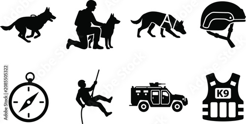 Tableau sur toile Military K9 unit silhouettes set including working dogs handler helmet compass a