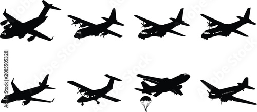 Photos Military transport aircraft and cargo plane silhouettes set including paratroope