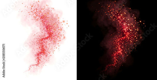 Tableau sur toile Red glitter particles forming a fiery swirl trail with smoke and bokeh dots idea