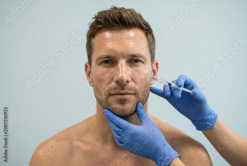 Close-up of a man receiving a cosmetic facial injection by a medical professional. Aesthetic medicine, dermal filler, skincare, anti-aging treatment, and cosmetic procedure concept.