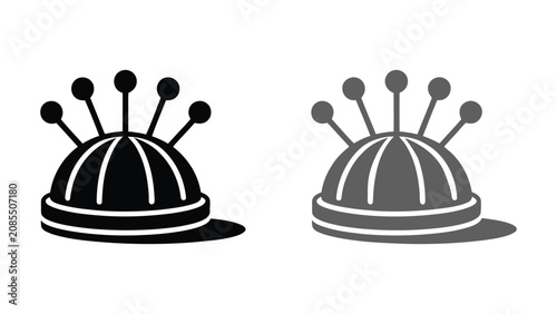 Tableau sur toile Minimalist pincushion icons with sewing pins in two distinct graphic styles — monochrome and shaded variations — symbolizing tailoring, craft, needlework, and handmade textile design