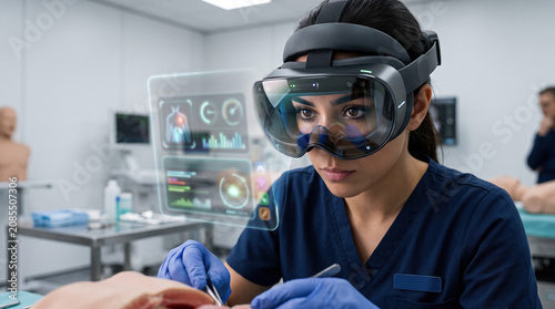 Focused female surgeon wearing augmented reality headset performing precise surgical procedure with floating digital health interface displaying vital data and instruments in modern operating room.